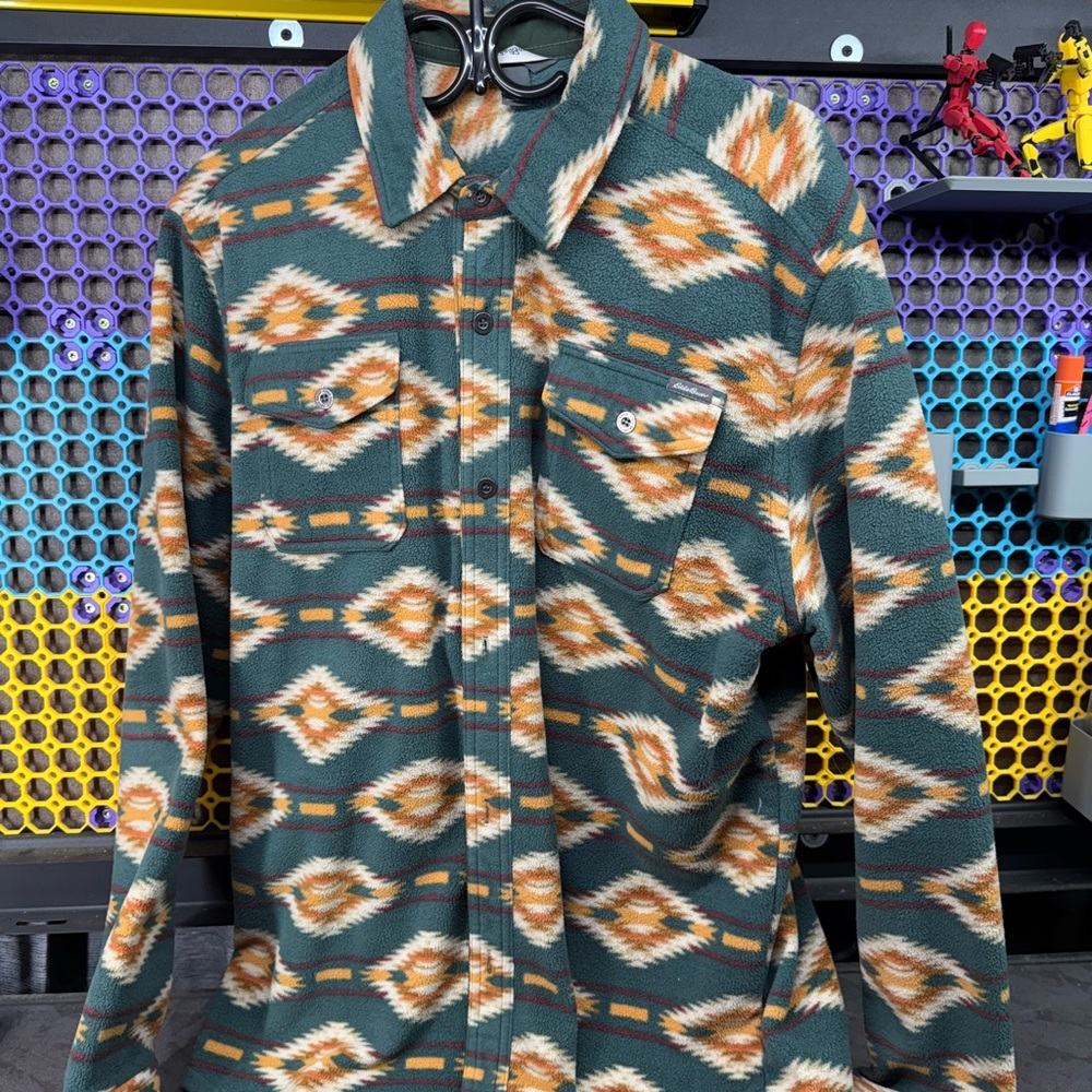 Eddie Bauer Green and Brown Patterned fleece Button Down Shirt